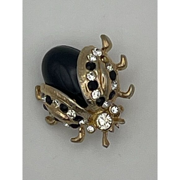 Ladybug Black Gold Tone Brooch Clear Rhinestones 1" - Picture 2 of 11